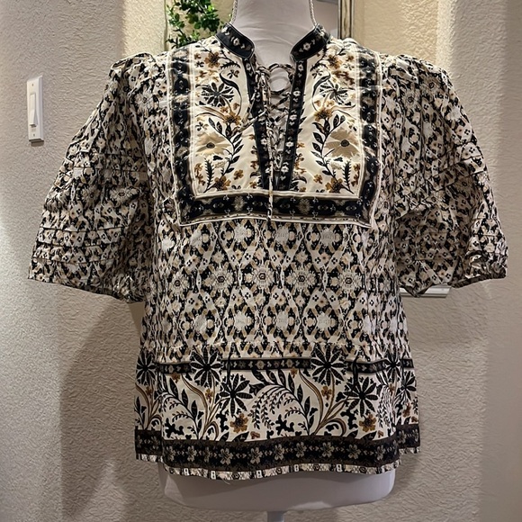 Anthropologie Pleated Puff Sleeve Blouse Size LP - Picture 1 of 16